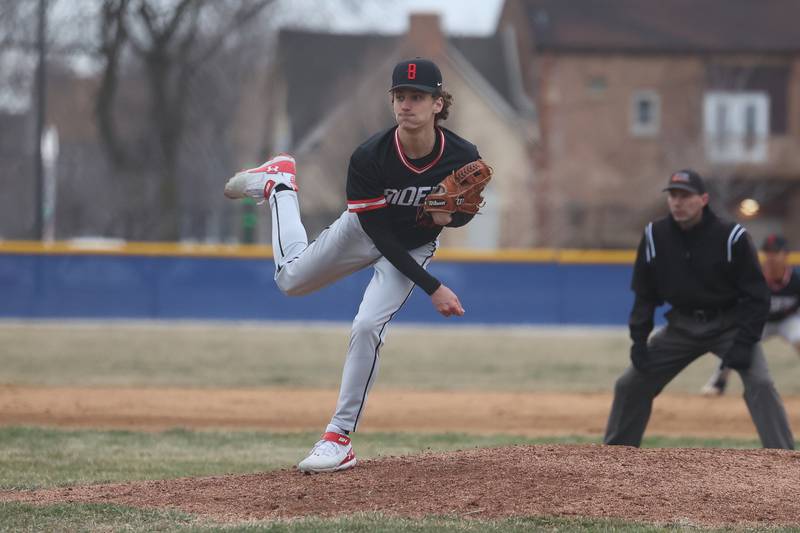 Bolingbrook’s Holden Burokus delivers a pitch against Joliet Central on Tuesday, March 21st. 2023.