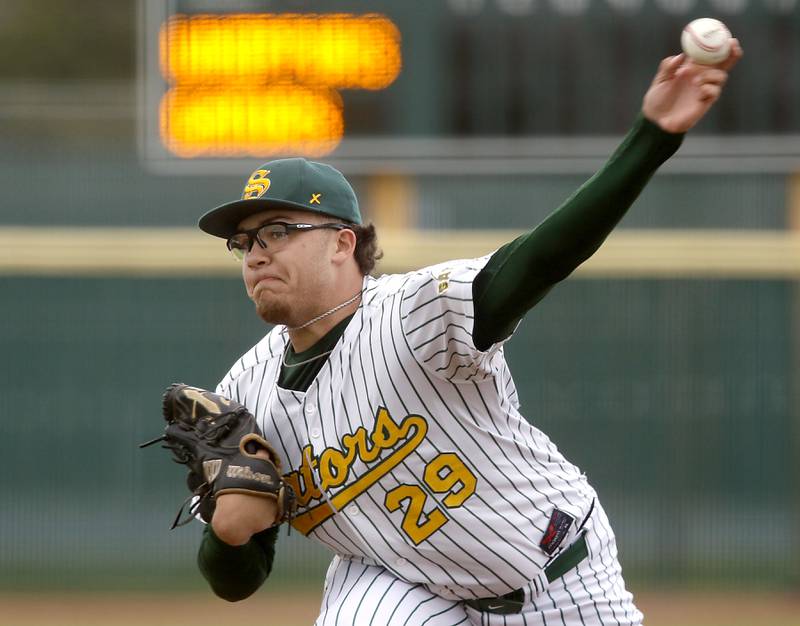 Crystal Lake South's Devin De Loach shows a pitch during a Fox Valley Conference baseball game against Hampshire on Monday, April 29, 2026, at Crystal Lake South High School.