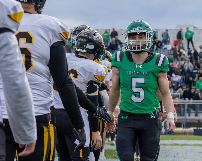 Avery Phillips (5) of Seneca leads team in post game high-five line on Saturday, November 1, 2025 at Seneca High School in Seneca.