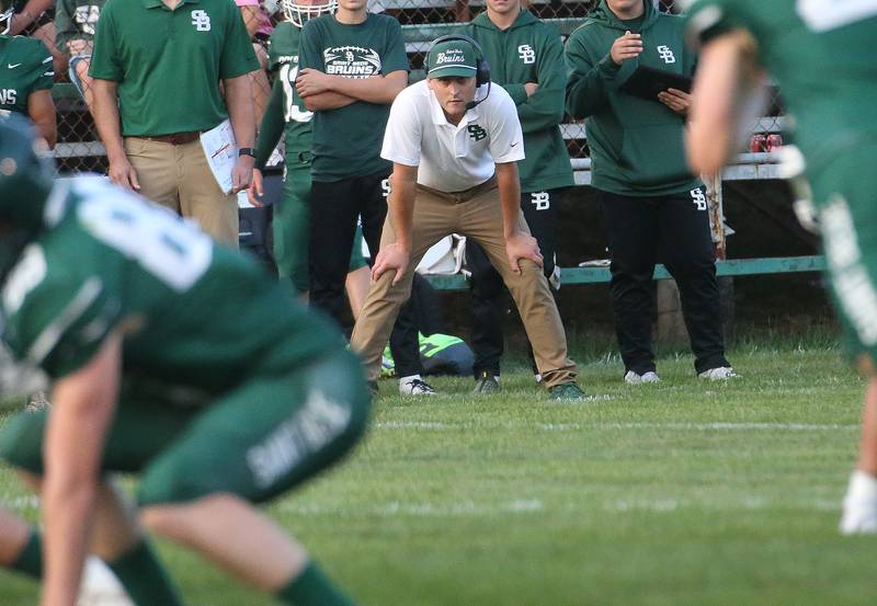 St. Bede head football coach Jack Brady watches his team play Bureau Valley on Friday Aug. 29, 2025 at St. Bede Academy.