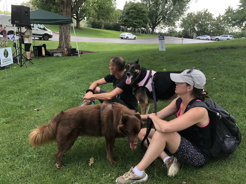 Justin Dambrauskas and Shannon Kresach listen to live music at Pawfest in Huntley Aug. 3, 2024.