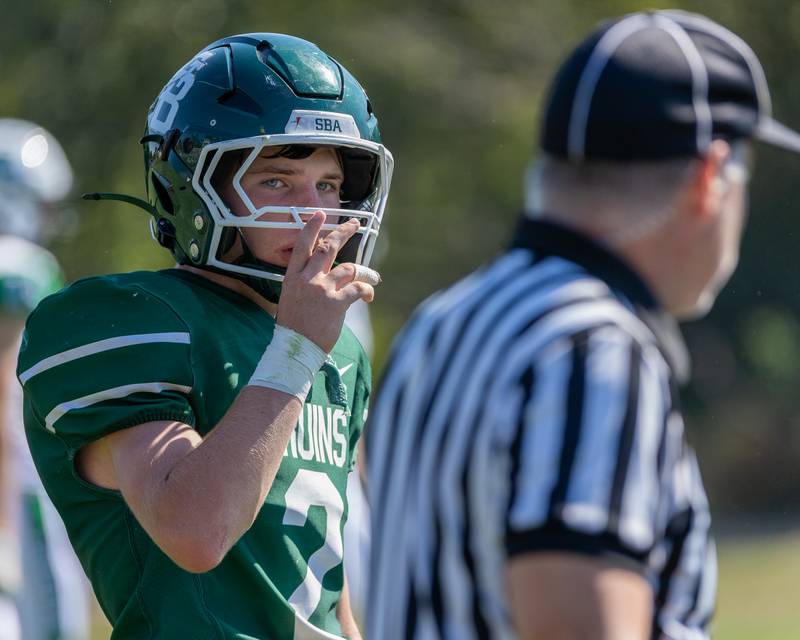 Carson Riva (2) of St. Bede glances at referee on Saturday, Oct. 4, 2025 at Captain Thomas J. Heitmann field in Peru.