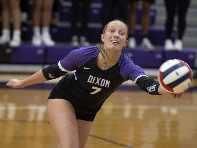 Dixon’s Makenzie Toms reaches for a ball against Rochelle Monday, Oct. 28, 2024, during regional play in Dixon.