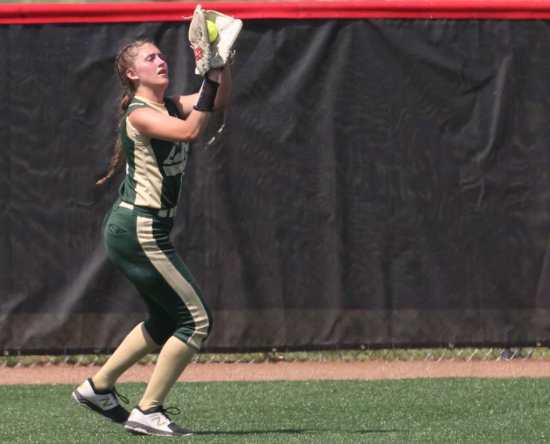 St. Bede's Addison Bontz makes a catch in center field in the Class 1A State semifinal game on Friday, June 2, 2023 at the Louisville Slugger Sports Complex in Peoria.