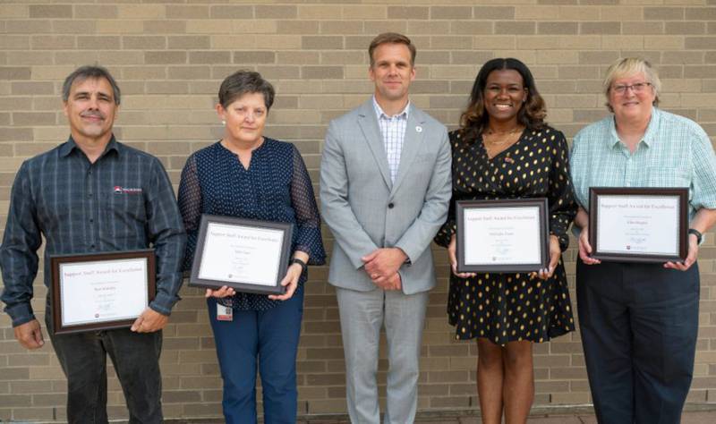 Pictured from left are Waubonsee Community College 2023 Support Staff Awardees Ronald Rithaler, Debra Chan, Waubonsee president Dr. Brian Knetl, Marleigha Evans and Mary “Ellen” Rogers.