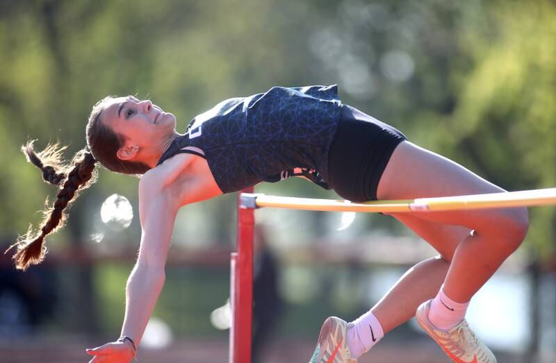 Burlington Central’s Cailen O’Brien competes in the high jump during the 2024 Kane County Girls Track and Field meet at St. Charles East on Thursday, April 25, 2024.