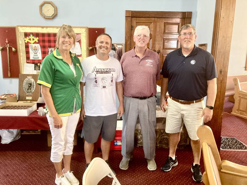 Annawan coaches Val (Wancket) VanHyfte (from left) and Jason Burkiewicz, former Neponset coach Chuck Blake and retired Bureau Valley/Rock Falls coach Brad Bickett were the featured speakers for Saturday's Bureau County Basketball History event in Mineral sponsored by the IBCA. BCR Sports Editor Kevin Hieronymus also spoke.