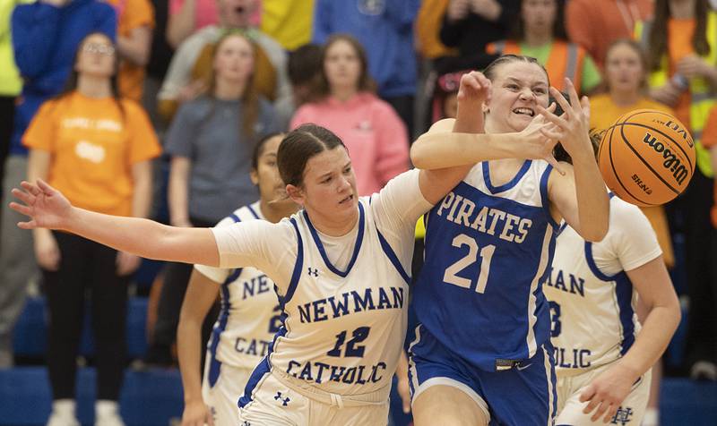 Newman’s Lucy Oetting and Galena’s Chloe Muehleip get tangled up Tuesday, Feb. 24, 2026, in the Class 1A sectional at Eastland High School.