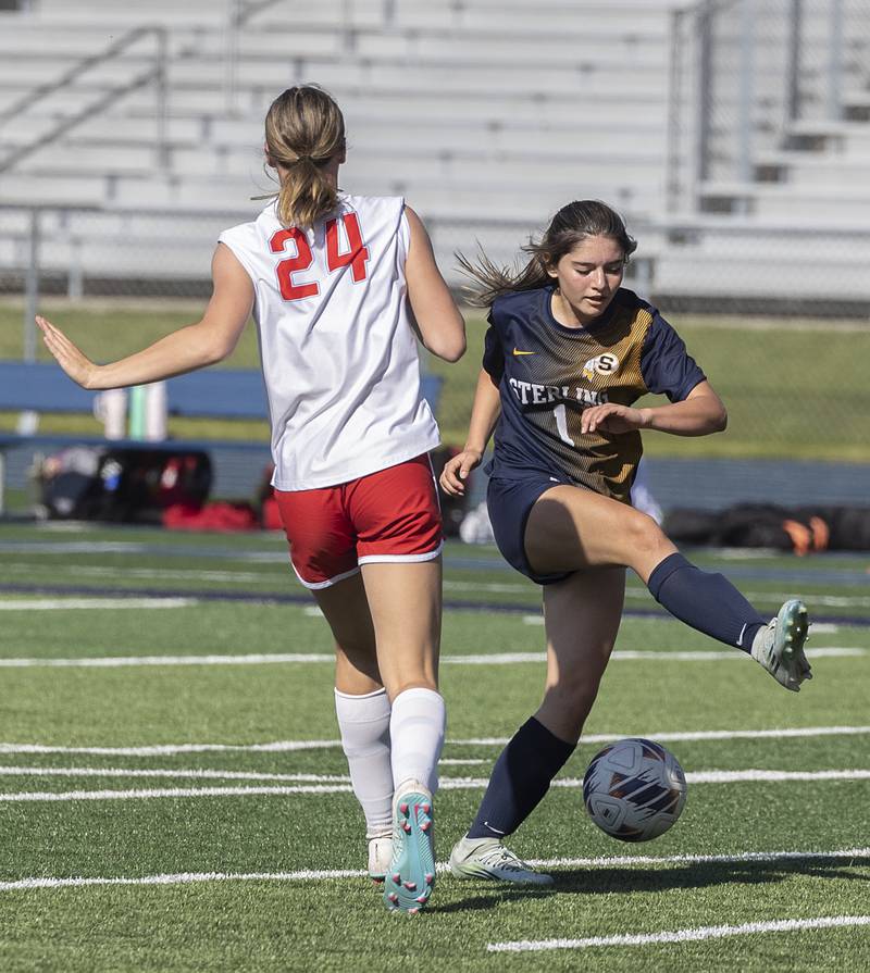 Sterling’s Sophia Georgieva and Streator’s Rhea Huey go after the ball Friday, May 15, 2026, during the Class 2A regional soccer quarterfinal.