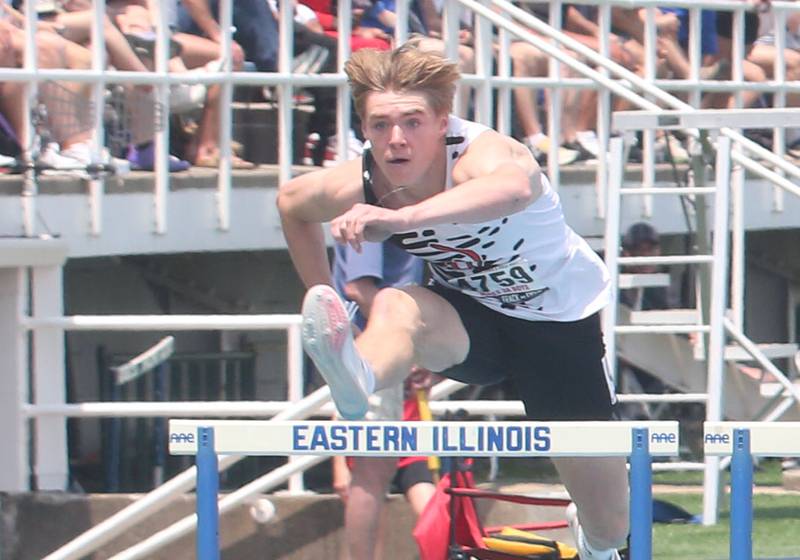 Lincoln Way West's Breandan Vlasak competes in the 110 meter hurdles during the IHSA Class 3A Boys Track & Field State Finals on Saturday, May 31, 2025 at Eastern Illinois University in Charleston.