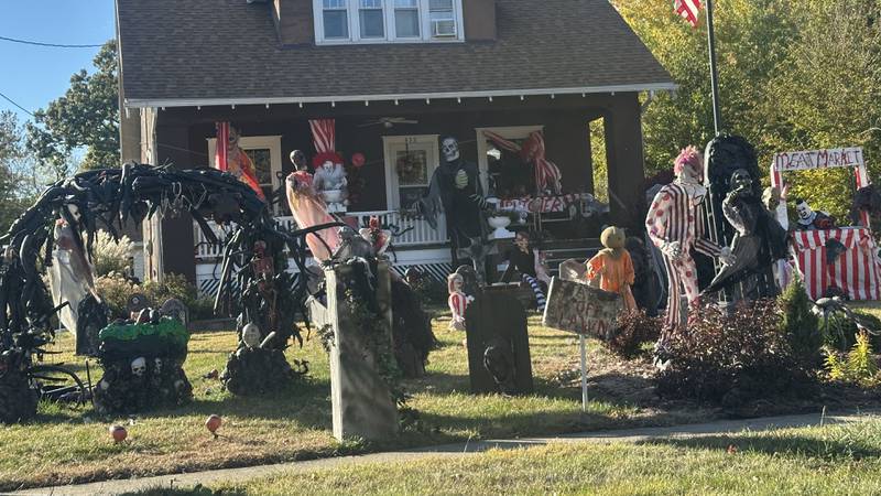 A large Halloween display features lots of skeltons in the 2400 block of Second Street on Monday, Oct. 27, 2025 in Peru.