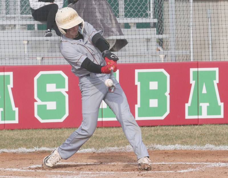 Mendota's Jack Gillespie makes contact with the ball against L-P on Thursday, April 3, 2025 at Huby Sarver Field inside the L-P Athletic Complex in La Salle.