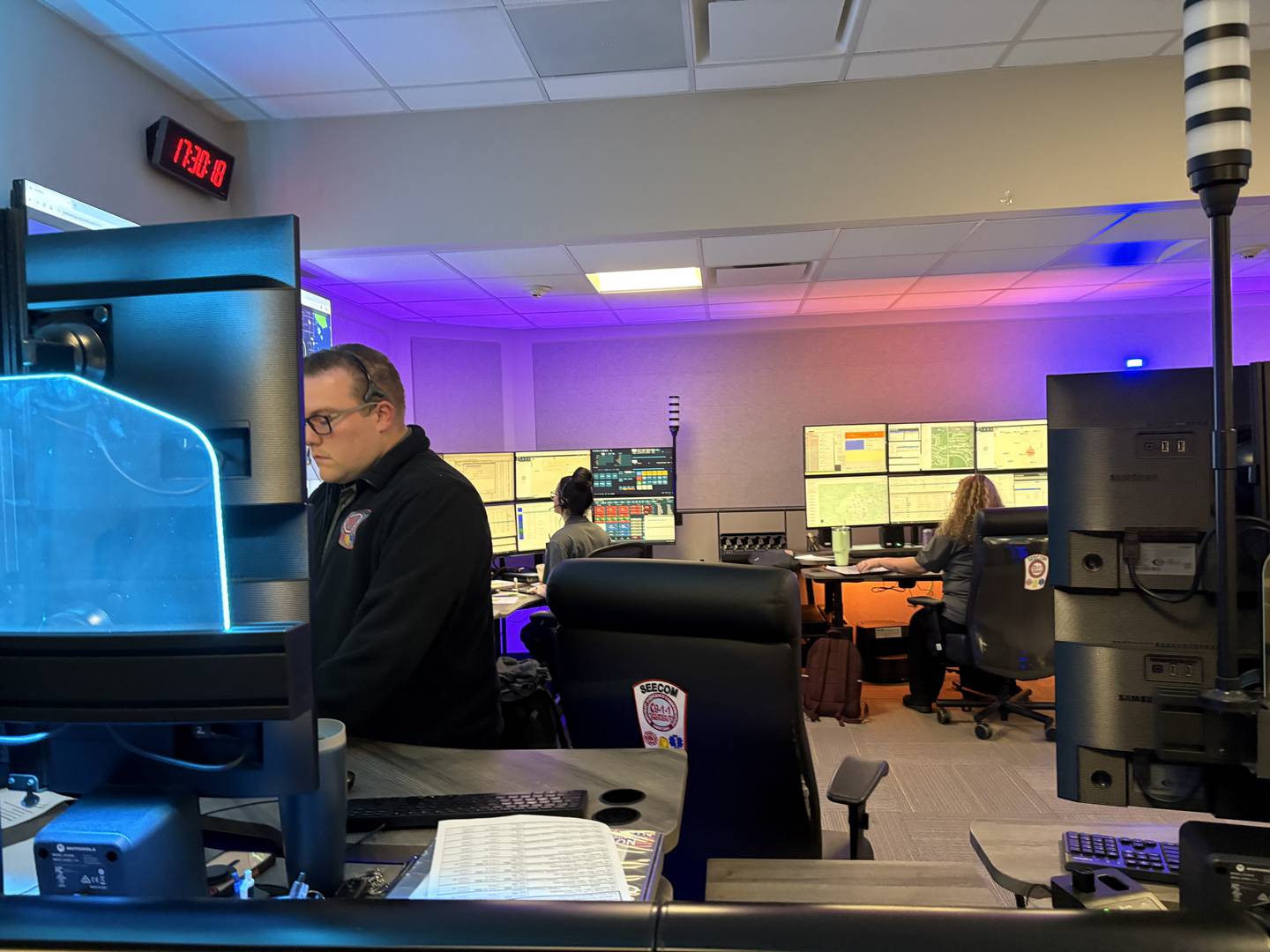 SEECOM dispatcher Kyle Kunzen works in the dispatch center in Crystal Lake, Monday, April 20, 2026.