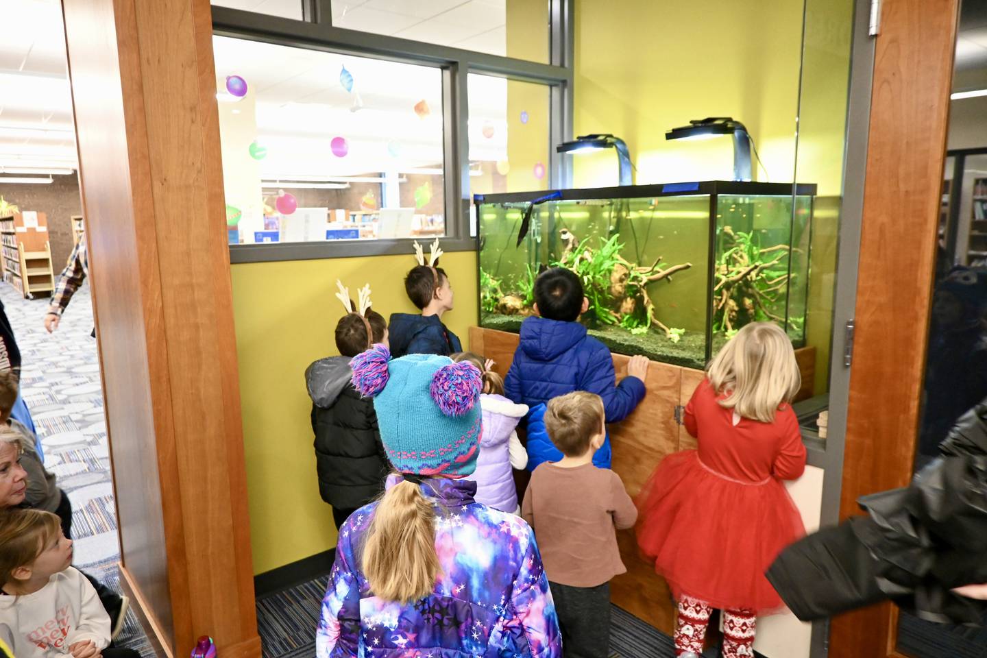 Children gather around the tank to gaze at fish during the unveiling of the new aquarium on Saturday Dec. 16 at Reddick Library in Ottawa.