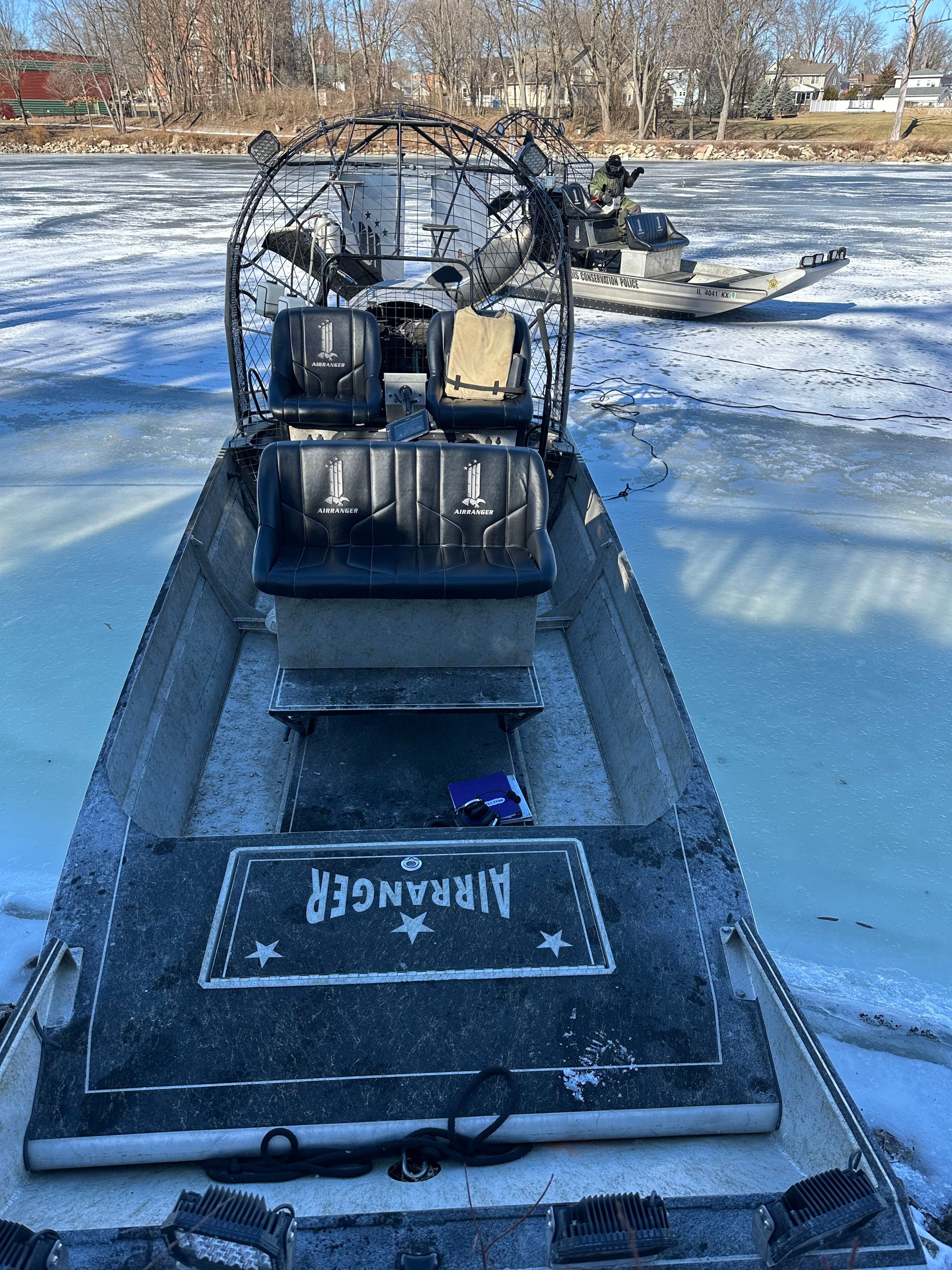 Illinois Department of Natural Resources Conservation Police officers conduct an airboat training mission on Monday, Jan. 27, 2025, along the Fox River in Ottawa.