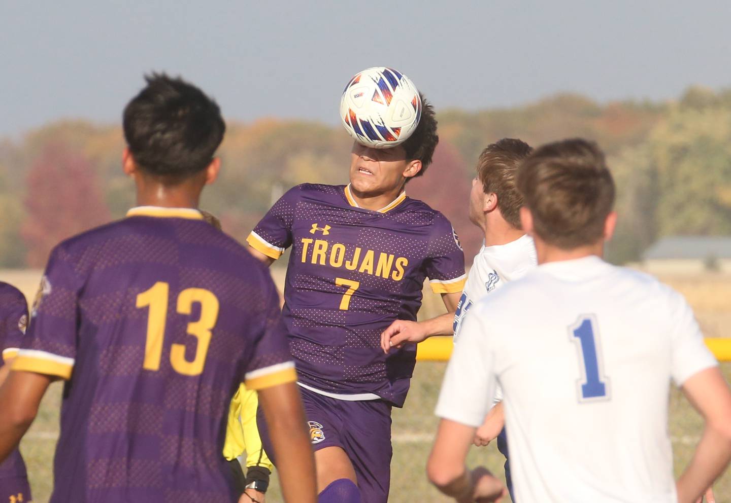 Mendota's Isaac Diaz puts a header on the ball against Princeton during the Class 1A Regional final game on Tuesday, Oct. 22, 2024 at Serena High School.