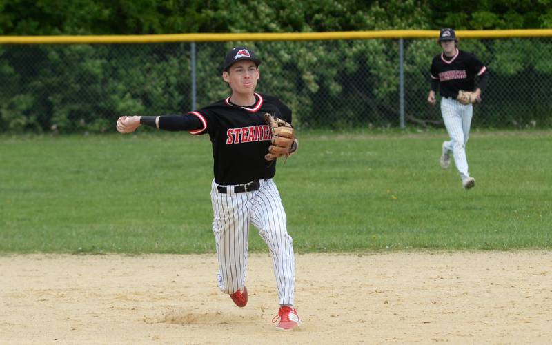 Fulton's Braeden Brennan fires a throw to first for an out against Forreston at the 1A Amboy Regional on Saturday, May 24, 2025.