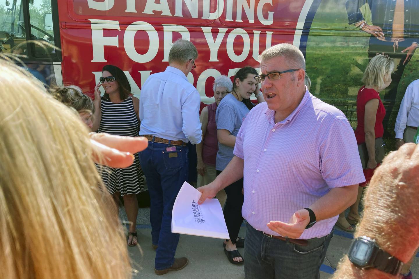 Republican candidate for Illinois governor Darren Bailey speaks to voters during a campaign stop in Athens, Ill., June 14, 2022. Bailey is seeking the Republican nomination to face Democratic Gov. J.B. Pritzker in November. (AP Photo/John O'Connor)