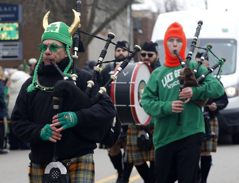 Members of the Dundee Scottish Pipe Band perform during the McHenry ShamROCKS the Fox Festival Parade on Saturday, March 14, 2026. In McHenry.