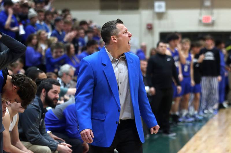 Burlington Central coach Brett Porto reacts late in the game during IHSA Class 3A Sectional final action Friday night at Crystal Lake South High School.