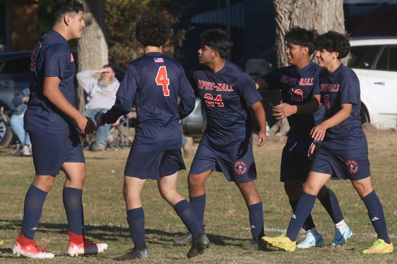 Members of the DePue/Hall soccer team react after scoring the first goal over Earlville during the Class 1A Regional quarterfinal game on Wednesday, Oct. 16, 2024 in DePue.