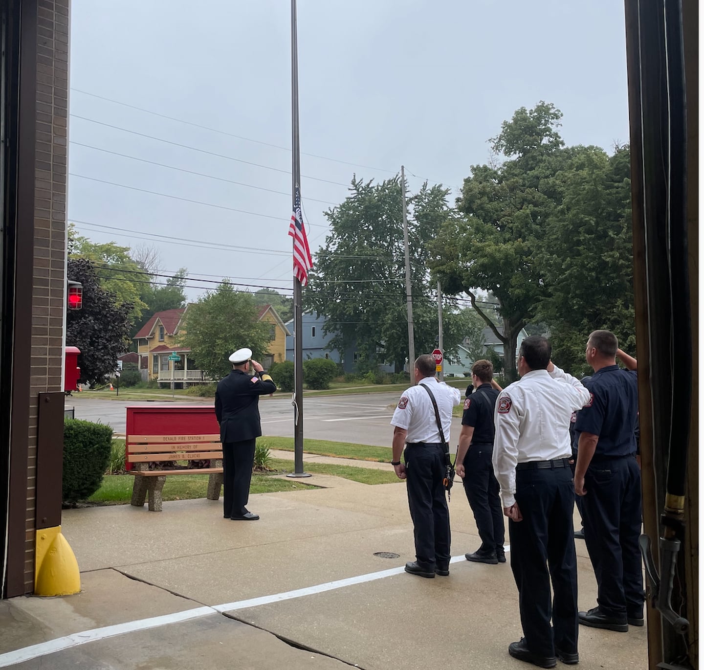 Members of the DeKalb Fire Department gathered Monday morning, Sept. 11, 2023 at Fire Station No. 1 at 700 Pine St., in DeKalb to mark 22 years since the tragic events of Sept. 11, 2001. The ceremony is held annually at the fire department for Patriot Day.