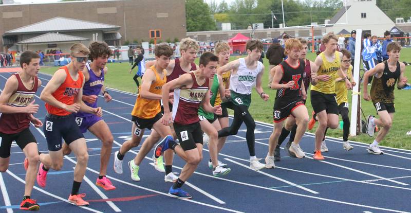 Runners compete in the 3200 meter run during the Class 2A Sectional meet on Wednesday, May 21, 2025 at Pontiac High School.