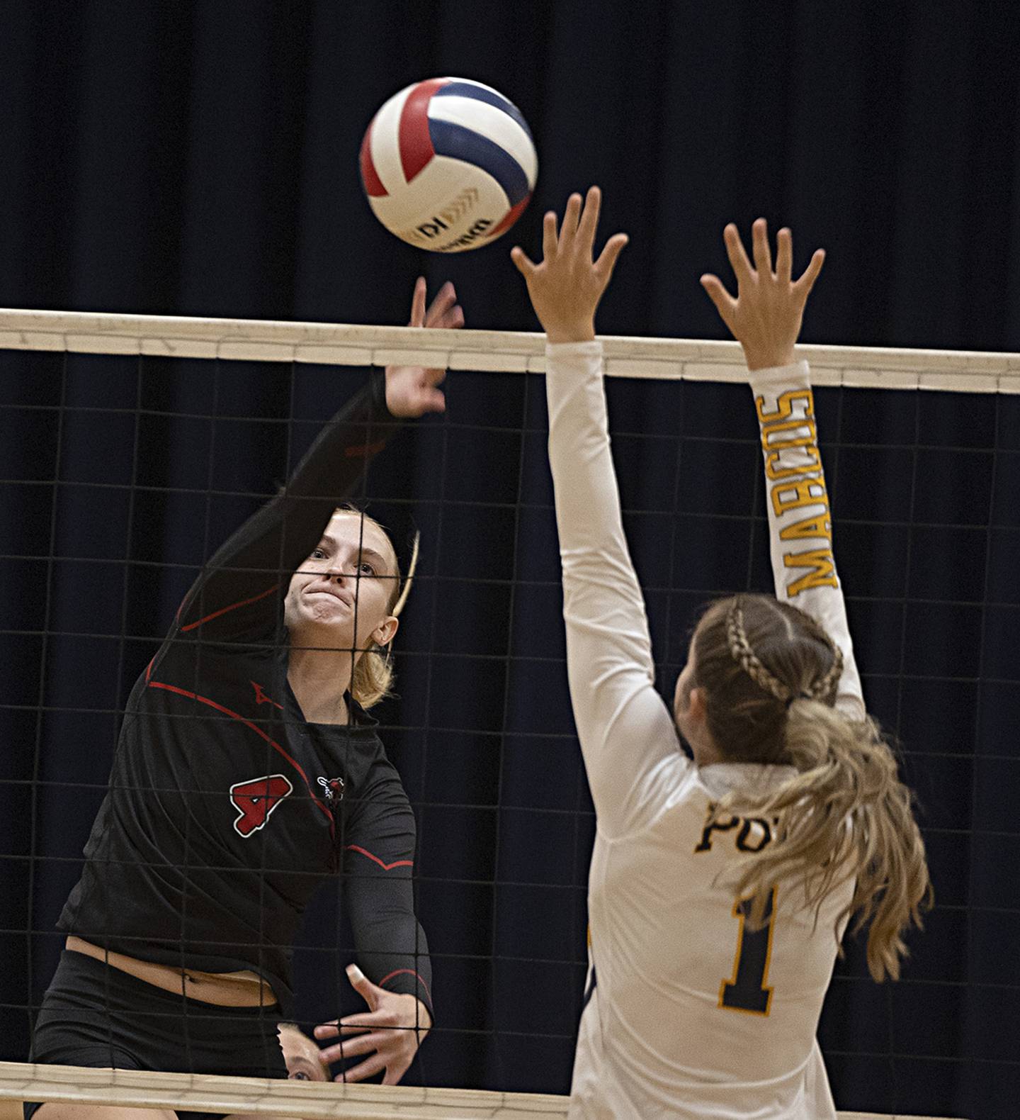 Fulton’s Ava Bowen plays the ball over the net against Polo’s Laynie Mandrell Thursday, Sept. 14, 2023 in Polo.