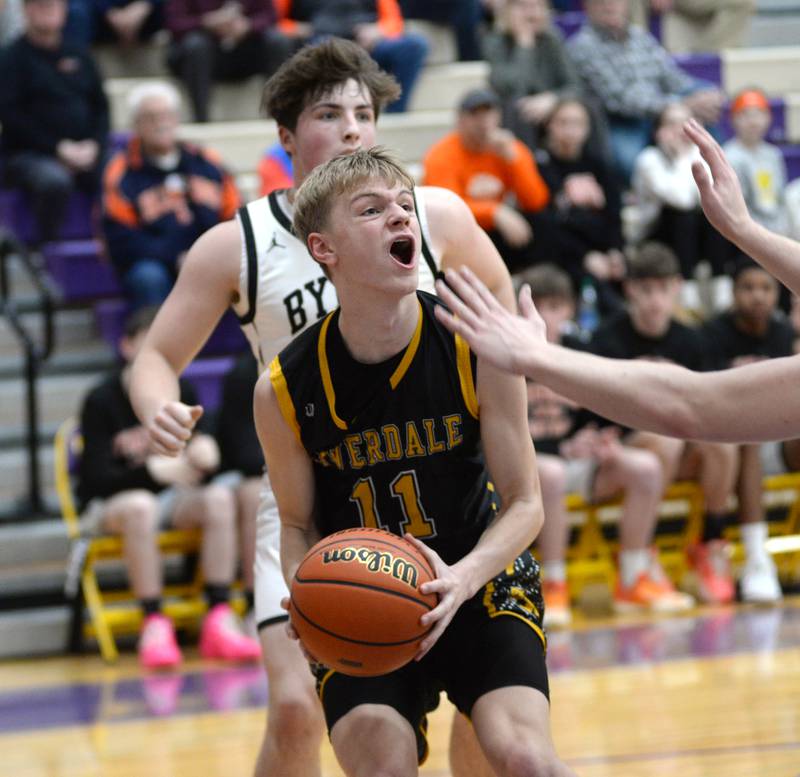 Riverdale's Jackson Tegeler (11) looks to shoot against Byron at the 2A Mendota Sectional on Wednesday, Feb. 28, 2024.