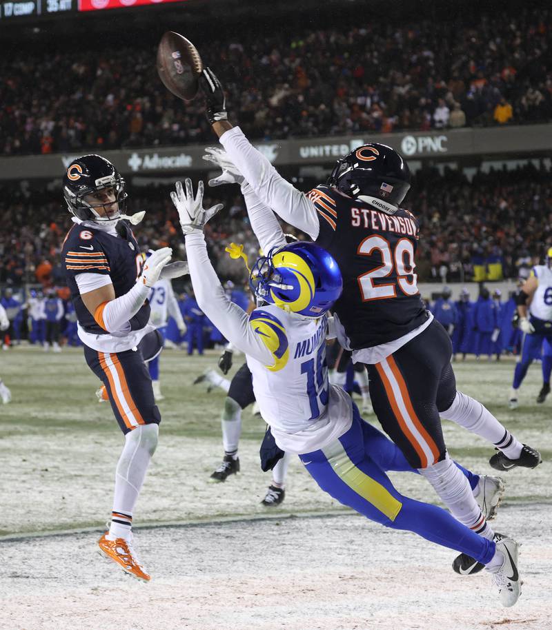 Chicago Bears cornerback Tyrique Stevenson breaks up a pass intended for Los Angeles Rams wide receiver Konata Mumpfield Sunday, Jan. 18, 2026, in the NFC divisional playoff matchup at Soldier Field in Chicago.