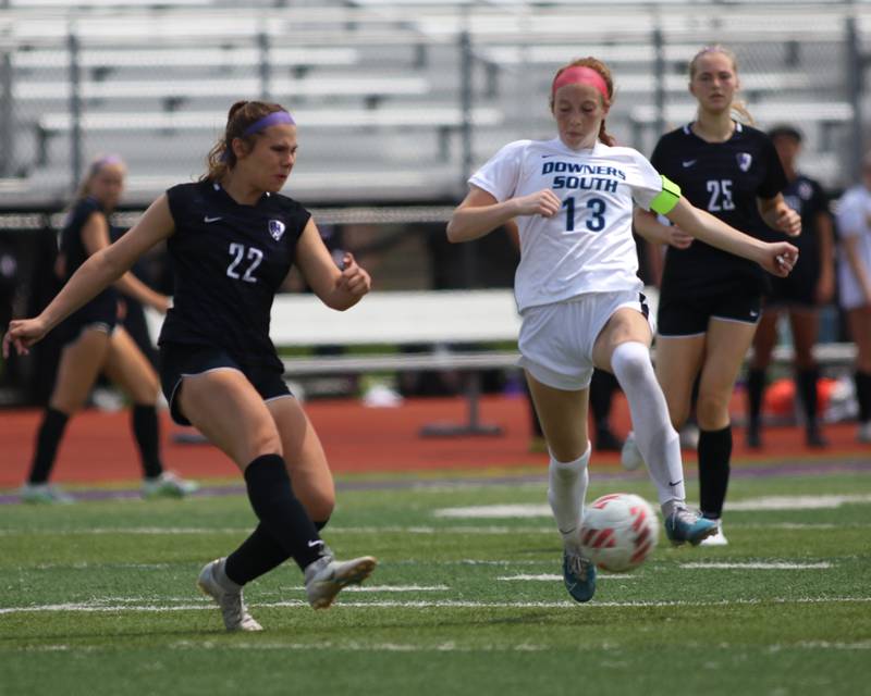 Downers Grove South's Emily Petring (13) controls the ball during soccer match between Downers Grove North at Downers Grove South.  May 6, 2023.