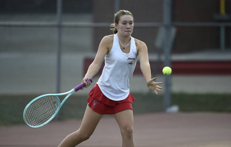 Bradley-Bourbonnais' Lauren Fischer returns a hit in the third place singles match of the All-City tournament against Bishop McNamara on Wednesday, October 1, 2025.