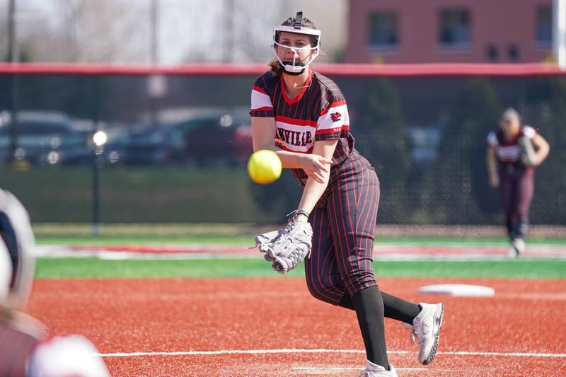 Yorkville's Peyton Levine throws a pitch during a nonconference softball game against Antioch at Yorkville High School on Saturday, April 12, 2025.