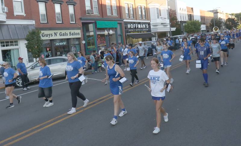 The Princeton High School band marches during the homecoming parade on Thursday, Sept. 25, 2025 along South Main Street in Princeton .