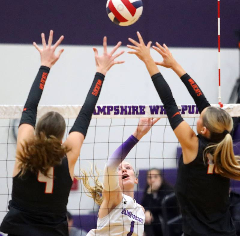 Hampshire’s Elizabeth King plays the ball against Libertyville in an IHSA volleyball Class 4A Sectional Championship at Hampshire High School in Hampshire on Thursday, November 6, 2025.