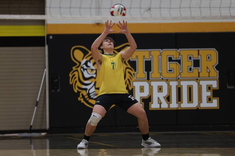 Providence’s Andrew Lubinski receives the serve against Joliet West on Thursday, March 23, 2023 in Joliet.