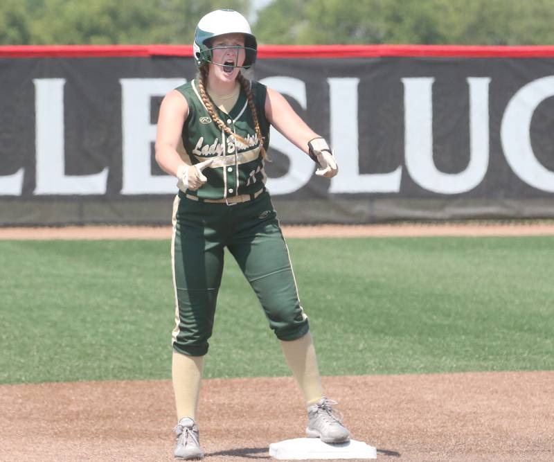 St. Bede's Madelyn Torrence reacts after hitting a double against Goreville in the Class 1A State semifinal game on Friday, June 2, 2023 at the Louisville Slugger Sports Complex in Peoria.
