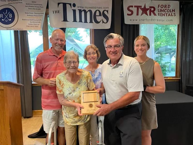 Streator’s Richard J. Berry Memorial Golf Association on Sunday made two inductions to the RJB Hall of Fame, the late Arlene Sliker and her family as well as Tony Muscato. Sliker served as course superintendent at the former Streator Country Club (now The Eastwood) for 45 years and was recognized as the first female course superintendent in Illinois history, with many members of her family helping her throughout her tenure. Muscato has served the past dozen years as president of the RJB Memorial Golf Association and director of the Berry Memorial Championships, and as a golfer is a Championship Flight competitor, two-time Senior Division winner and four-time hole-in-one shooter. Pictured (left to right) are Bill Essman, JoAnn Essman, Kathy Russow, Tony Muscato and Hannah Essman.