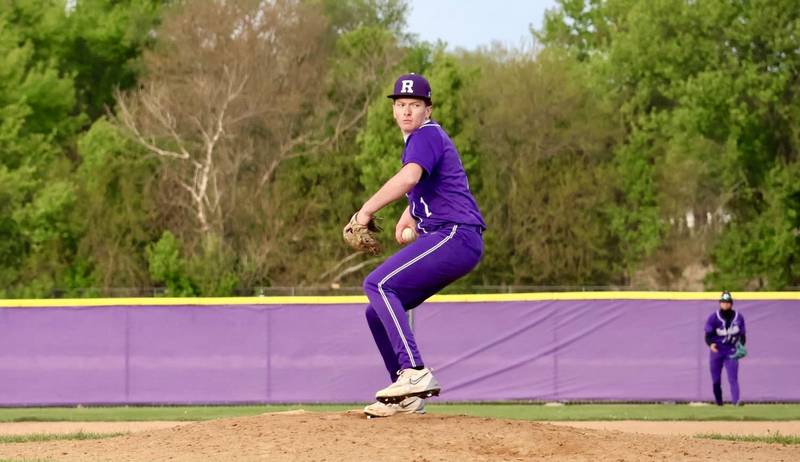 Rochelle's Andrew Huerta delivers a pitch during the Hubs' game with La Salle-Peru. Huerta struck out five over five innings in the Hubs' 15-5 win.