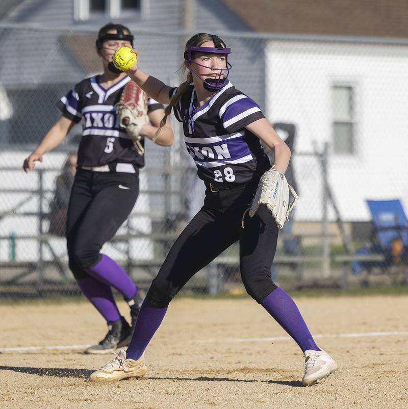 Dixon’s Allie Abell throws to first against Rock Falls Tuesday, April 9, 2024 at Reynold’s field in Dixon.