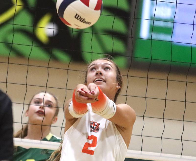 Crystal Lake Central’s Maya Case passes the ball  in varsity volleyball at Crystal Lake South High School in Crystal Lake on Tuesday, Oct. 7, 2025.