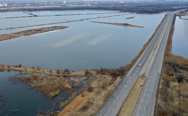 An aerial view of the Interstate I-90 as it crosses Wolf Lake on Saturday, Feb. 21, 2026 in Hammond, Ind. The area is a potential site of the new Chicago Bears stadium