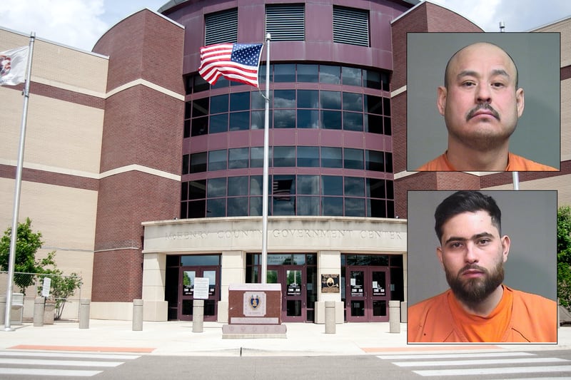 Insets of Patricio Rosales-Diaz (top) and Joaquin R. Montano-Martinez in front of Northwest Herald file of the McHenry County courthouse.