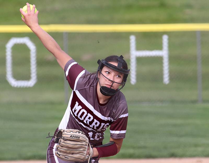 Morris's Elaina Vidales delivers a pitch to Ottawa on Monday, May 15, 2023 at Ottawa High School.