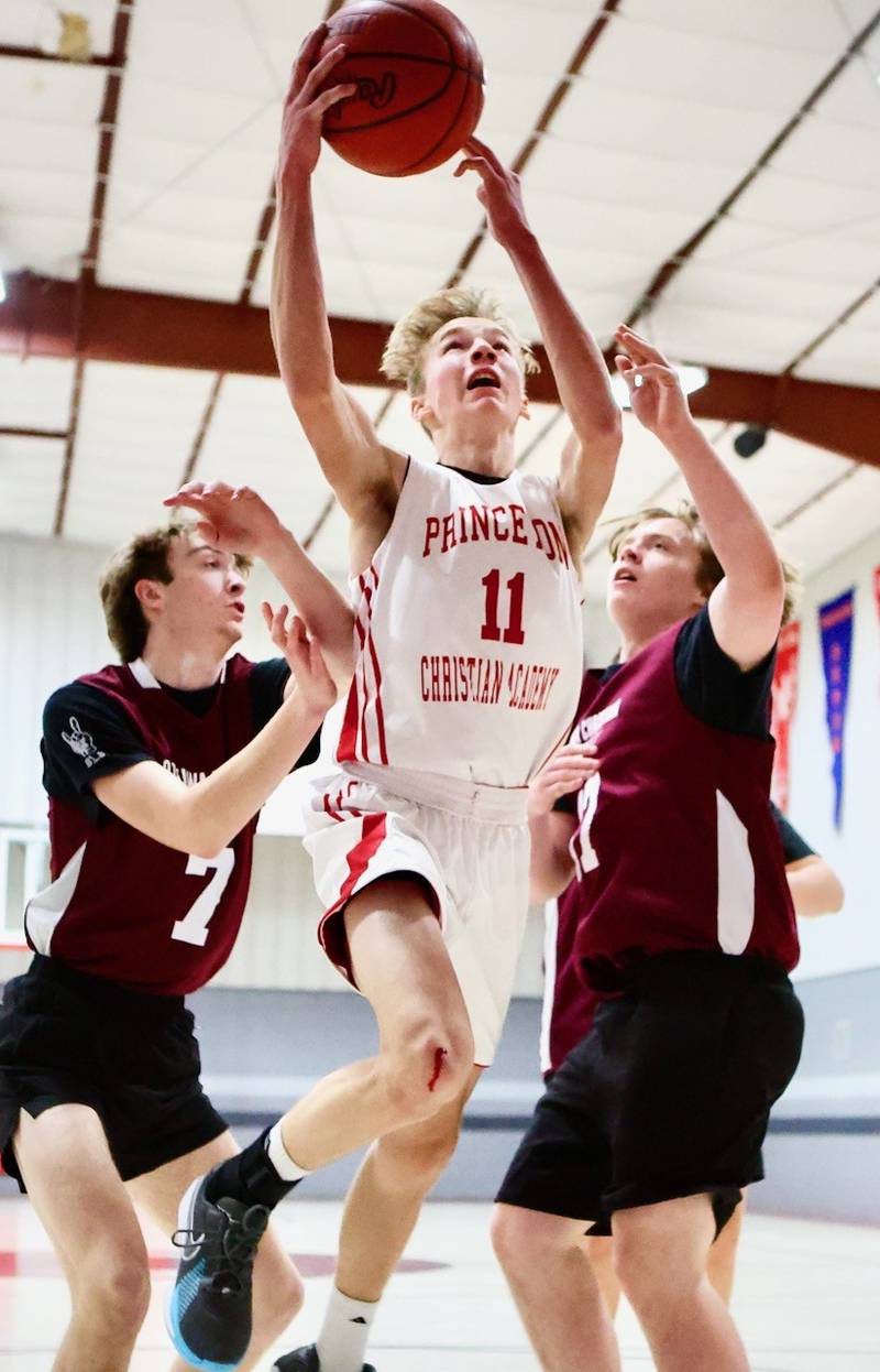 Princeton Christian Academy's Andrew Gibson tries to keep the ball inbounds with Ottawa Christian Academy's Harlyn Hetelle in pursuit Tuesday at Howard Hoffman Memorial Gym. The Eagles won 57-42.