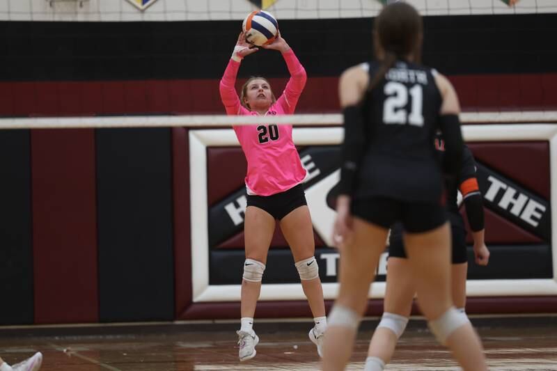 Plainfield East’s Faith Mrksic receives the serve against Plainfield North on Tuesday, Oct. 10, 2023 in Plainfield.