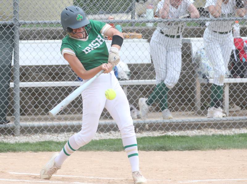 Seneca's Morgan Mercer blasts a two-run homerun against St. Bede during the first inning on Monday, May 12, 2025 at St. Bede Academy.