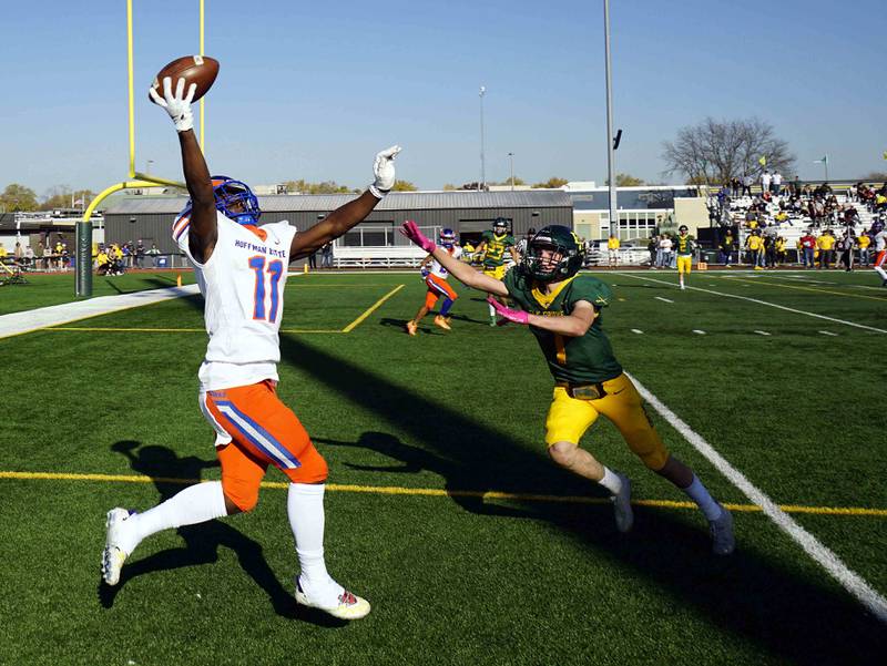 Hoffman Estates' Anu Ajibulu, 11, reaches unsuccessfully for a one handed grab over Elk Grove's Lucas Rogers, 7,  Saturday October 29, 2022 in Elk Grove Village.