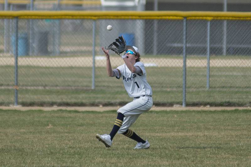 Sterling's Daylen Stage hauls in a fly ball in centerfield Tuesday, April 5, 2022 against Alleman.