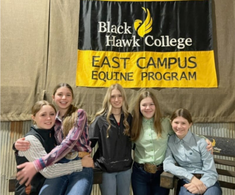 (From left) Albie Hartman, Addy Thomas, Payton Frueh, Gabby Carden, and Gretchen Carden participated in the Illinois 4-H State Horse Judging Contest on Saturday, Feb. 17, 2024, in Galva.